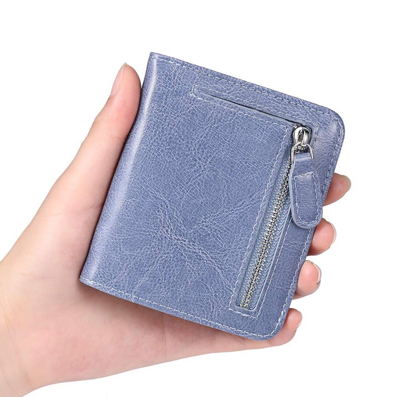 FT FUNTOR FUNTOR Leather Wallet for women, Ladies Small Compact Bifold Pocket RFID Blocking Wallet for Women, Waxed Blue - Image 4